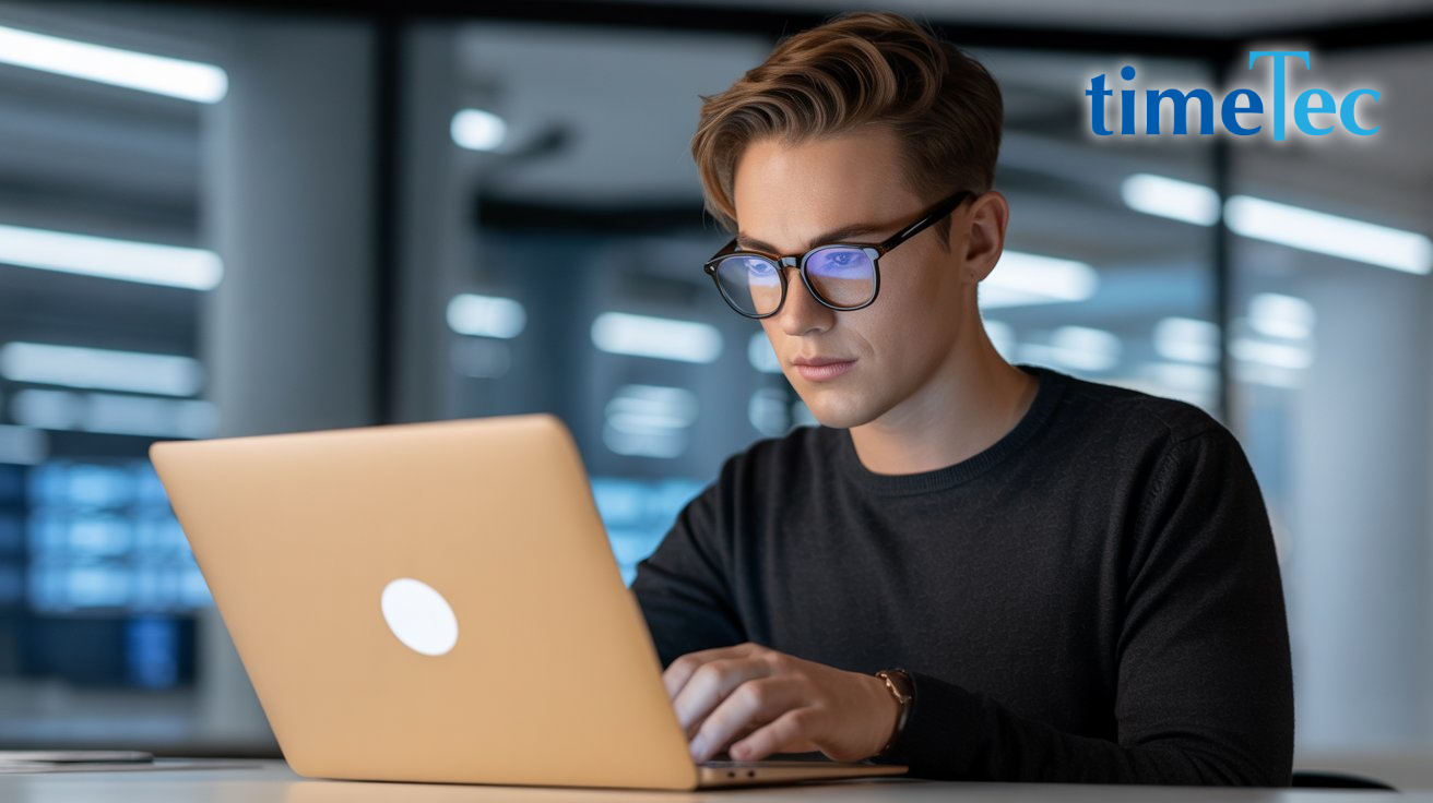 HR professional working securely on a laptop in a modern office