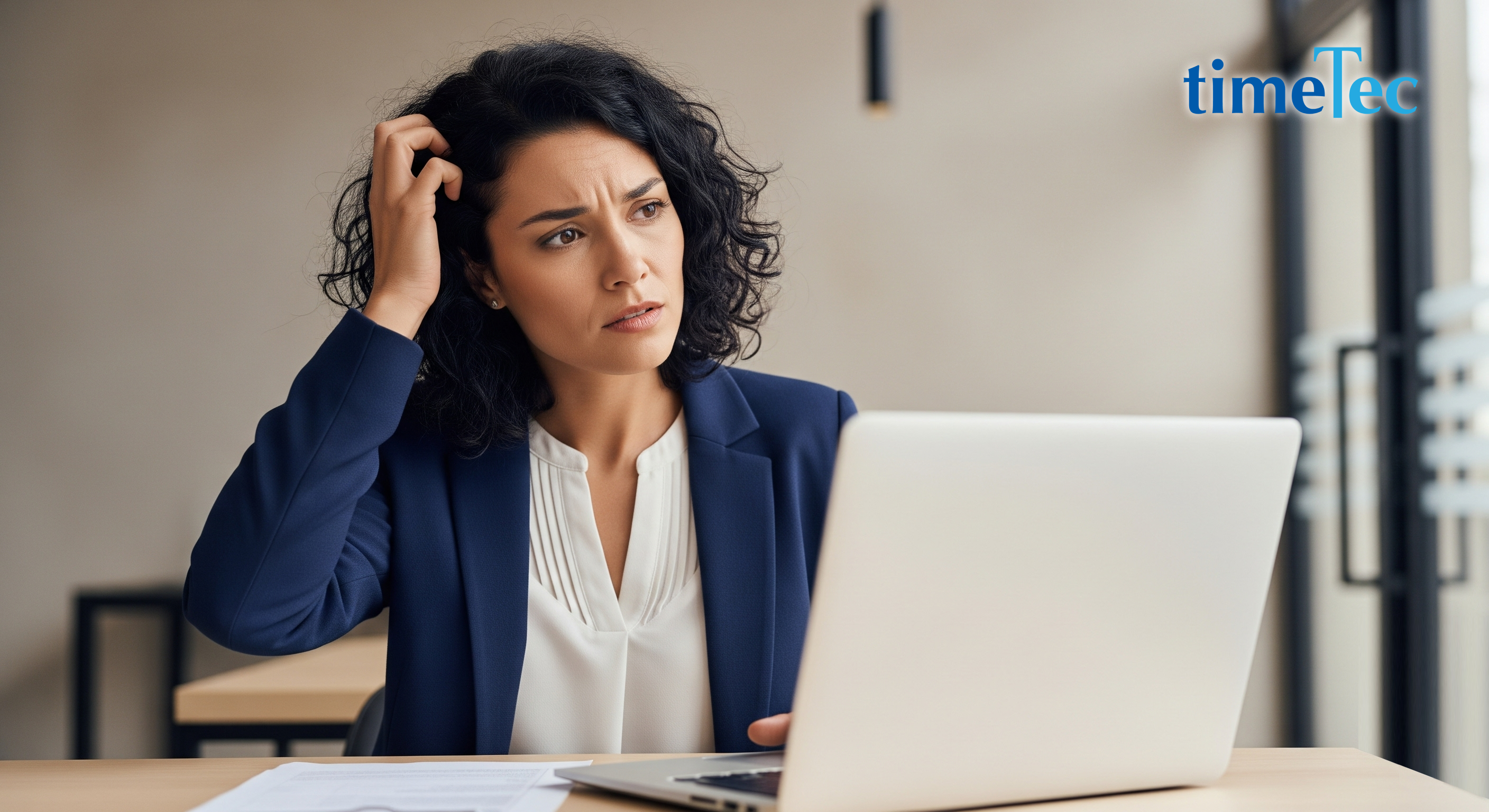 Confused employee evaluating attendance systems on a laptop