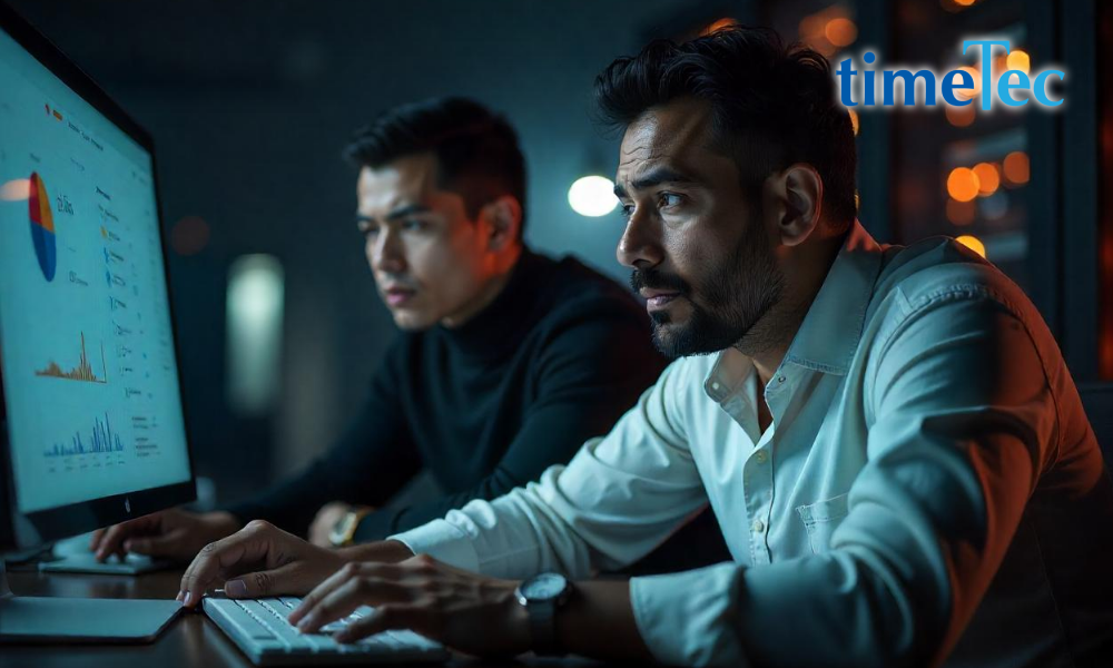 Two employees analysing data on screen, illustrating the role of HRMS in crisis management.