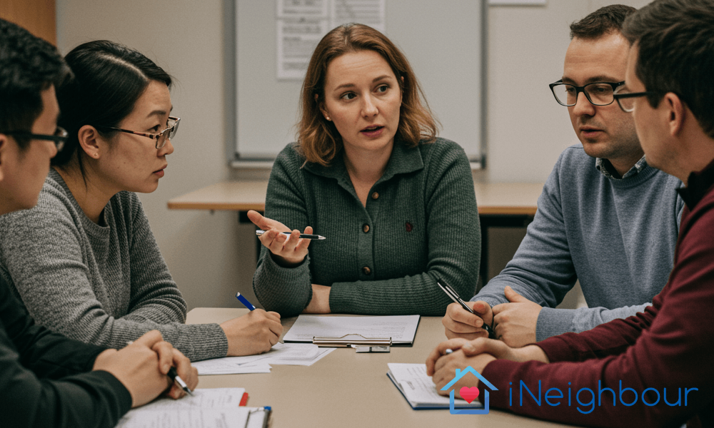 Joint Management Body (JMB) members discussing property management and maintenance during a committee meeting in Malaysia